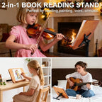 2 in 1 Dual-use Music Stand & Desktop Book Stand, Adjustable Height 16.5"-51", 100% Solid Wood Laptop Floor Stand Book Holder with Elastic Page Clips for Cookbooks (Brown with Tray) - Image 2