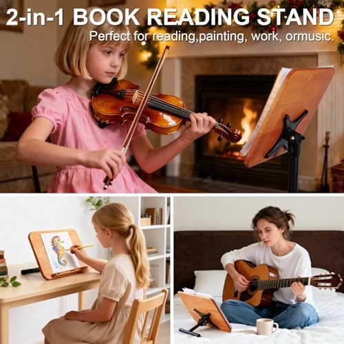 2 in 1 Dual-use Music Stand & Desktop Book Stand, Adjustable Height 16.5"-51", 100% Solid Wood Laptop Floor Stand Book Holder with Elastic Page Clips for Cookbooks (Brown with Tray) - Image 2