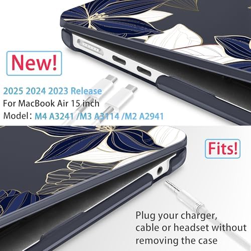 Mektron for 2026/2025/2024/2023 MacBook Air 15 INCH M5 A3448 /M4 A3241 /M3 A3114 /M2 A2941 Case, Printed Plastic Hard Shell Cover with 15.3" Liquid Retina Display Touch ID, Gold line Lily - Image 2