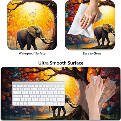 Large Gaming Mouse Pad+ Keyboard Wrist Rest Set, Ergonomics Memory Foam Mouse Mat Wrist Rest Support, Waterproof Extended Mousepad 31.5x11.8in, Colorful Tree of Life and Elephant Desk Pad - Image 2