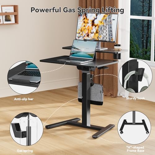 28" Mobile Standing Desk, Tiltable Top with 2-Tier Shelves, Black - Image 5
