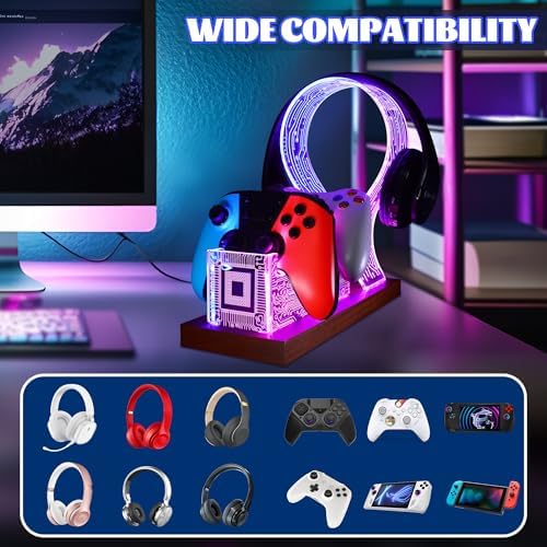 YuanDian Gamer Gifts for Teenage Boy, Desk Gaming Headset and Controller Stand with Blue Pink LED Night Light, Acrylic Wooden Controller Holder with PCB Pattern, Desk Decor Gift - Image 3