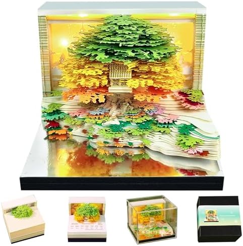 3D Desk Time Piece Calendar 2027 - Tear-Away 3D Paper Art Notepad with LED, Creative 3D Memo Pad Calendars, DIY Art Carving Gift for Office & Home (Flower Sea Tree Island - Green) by RWUJILONG
