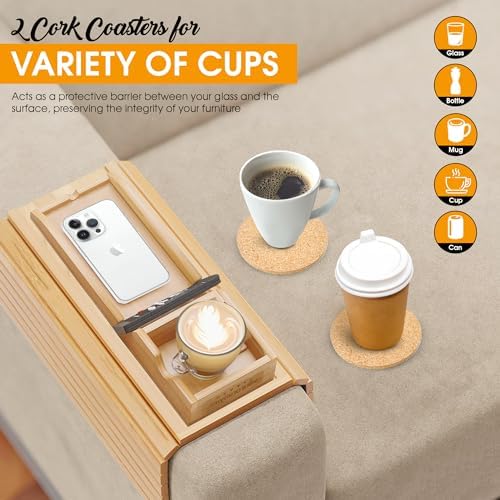 Bamboo Couch Cup Holder Tray with 2 Cork Coasters, Couch Arm Tray, 2 in 1 Anti-Slip Foldable Sofa Arm Tray, Couch Armrest Table, Anti-Spill Couch Arm Table for Drinks TV Remote Cellphone Snacks - Image 5