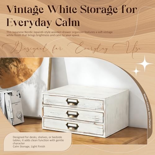Stackable Modular Desktop Drawer Organizer, Distressed Cottage White 3-Drawer Storage Unit with Label Handles, Japandi Style Vintage Wash Timber, Expand by Adding More Units for Clutter-Free Spaces - Image 7