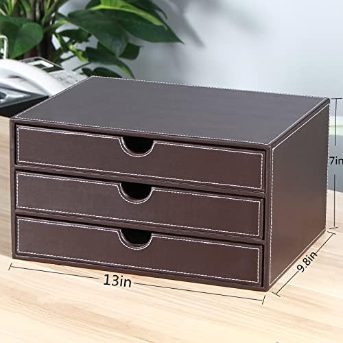 Stackable 3-Drawer Desk Organizer, Executive Office Supplies Desktop Filing A4 File Cabinet/Holder, Leather Storage Box for Document/Paper/Home Decor Accessories (brown)… - Image 3