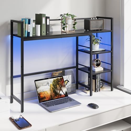 HavenlyYouth Desk Shelf with LED Light Strip, 3-Tier Storage Desktop Organizer Shelf, 38.6" Wood Desktop Bookshelf for Computer Monitor, Desk Hutch for Home Office Dorm, Black - Image 4