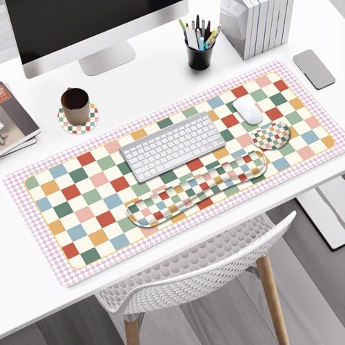 Vintage Macaron Checker Mouse Pad Set, 4 in1 Ergonomics Keyboard Desk Mat with Memory Foam Wrist Rest, Extended Game Mousepad, Large Gaming Non-Slip Desk Pad Matt Easy Typing Pain Relief - Image 2