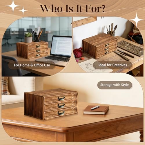 Stackable Modular Desktop Drawer Organizer, Solid Vintage Wood 3-Drawer Storage Unit with Label Pull Handles, Burnt Aged Wooden Japandi Style, Expandable by Adding More Units for Clutter-Free Spaces - Image 5