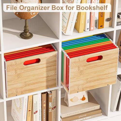 Sbanmao 2 Pack Hanging File Organizer, Clear Acrylic File Box Organizer, Bamboo Filing Box File Crate Storage Boxes, Portable Filing Organizer with Handle for Letter Size - Image 5