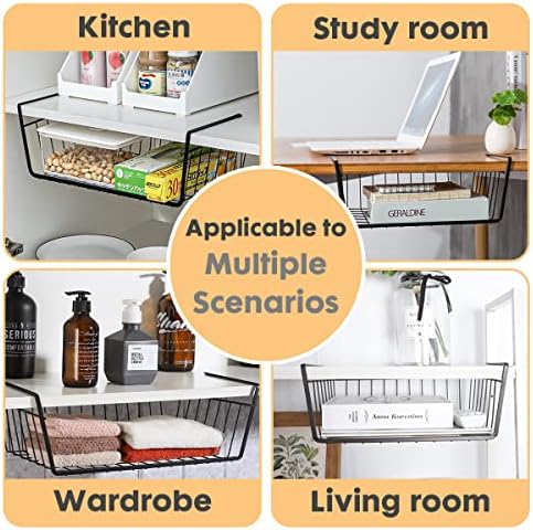 Under Shelf Basket Storage, Steel Under Shelf Hanging Wire Baskets Shelves for Laundry Room Kitchen Desk Pantry Bookshelf (Black, 4 Pack) - Image 5