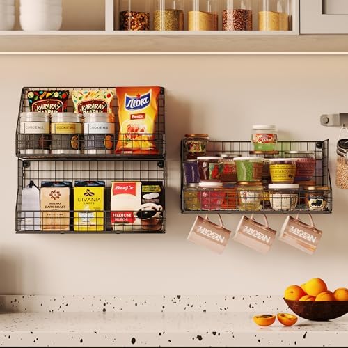 X-cosrack 3-Tier Stackable Detachable Snack Organizer (Large Size), Countertop Display/Wall Mounted Shelf with 5 Hooks Wire Basket Snack Shelf for Office Cabinets, Kitchen, Pantry, 11.8x7.8x22 Inch - Image 2