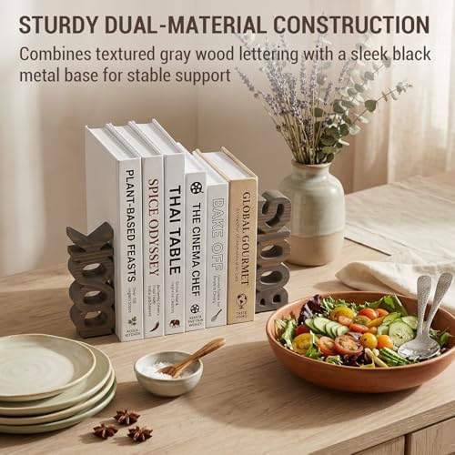 MyGift Gray Wood Cook & Books Bookends, Rustic Cookbook Holder Set of 2 - Image 3