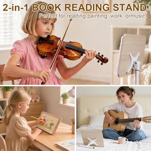 2 in 1 Dual-use Music Stand & Desktop Book Stand, Adjustable Height 16.5"-51", 100% Solid Wood Laptop Floor Stand Book Holder with Elastic Page Clips for Cookbooks (White with Tray) - Image 2