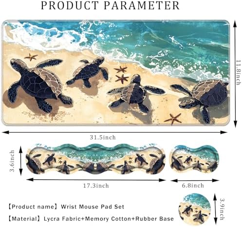 Keyboard Wrist Rest Set,Memory Foam Wrist Support Mouse Pad,31.5"x11.8" Desk Mat for Comfortable Typing & Pain Relief,Non-Slip Base for Office & Home Use - Turtles Crawling on the Beach - Image 2