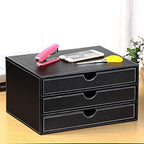 High-end PU Leather Desk Organizer File Cabinet Executive Office Supplies Desktop Filing A4 File Cabinet Stackable Storage Organizer Box with 3 Drawers (Black)… - Image 3