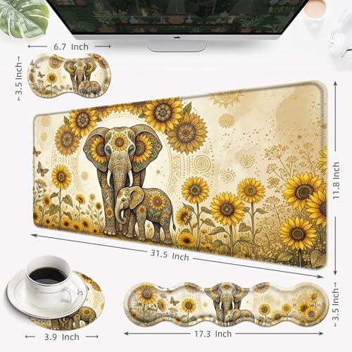 Desk Mat, Mouse Pad with Wrist Rest, 4-in-1 Large Mouse Pads for Desk, Ergonomic Mouse Pad and Keyboard Wrist Rest Gaming Keyboard Mat for Office,Sunflower Elephant - Image 6