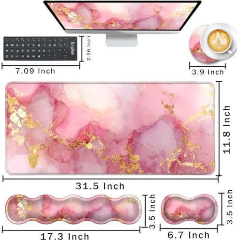 Keyboard Wrist Rest and Mouse Pad with Wrist Support Set Ergonomic Coaster,Memory Foam,Easy Typing Pain Relief,Large XL Desk Mat 31.5"x 11.8",Pink Gold Marble - Image 2