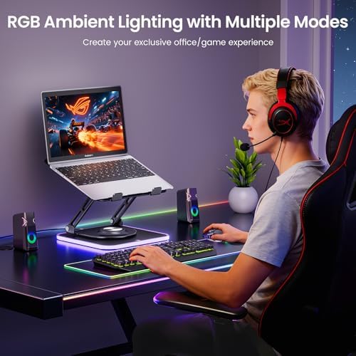 RGB Laptop Stand for Desk, 360 Rotating Base Ergonomic Laptop Riser, Height & Angle Adjustable Aluminum Notebook Holder, Foldable Computer Stand Fits 10-16” MacBook Pro/Air, Dell, HP - Image 6