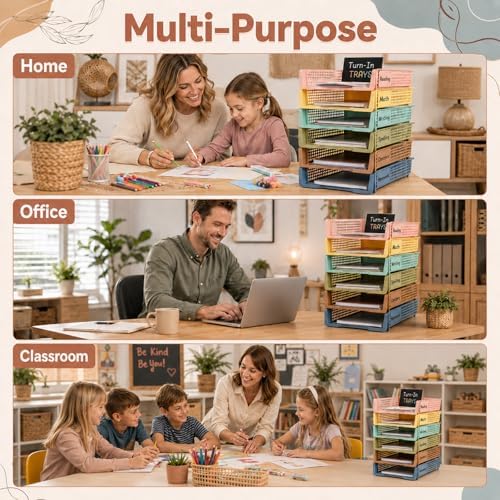 Set of 6 Boho Turn in Trays with Label Stickers for Teachers Stackable Classroom Paper Letter Trays Plastic Classroom Desk Letter Organizer Tray Storage Baskets for Library, Drawers, Office, Home - Image 6