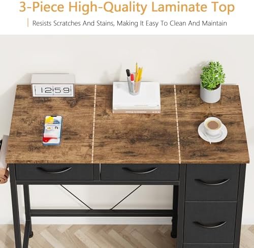 HIGDBFE Small Desk with 5 Fabric Drawers, 33 Inch, Rustic Brown, 14.2" D - Image 5