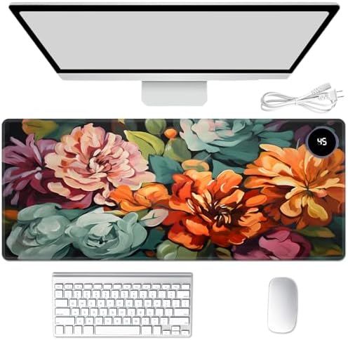 Heated Mouse Pad Hand Warmer, Warm Desk Pad Mousepad Desk Mat with 3 Levels Heating and Auto Shut Down 31.5 x 13 inch PU Leather Warmer Keyboard Mat for Gaming Office Home, Art Watercolour Flowers by Unknown