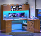 SEDETA 55” Farmhouse L Shaped Desk with 4 Drawers, Hutch, Corner Computer Desk with Storage Drawers, L Shaped Gaming Desk with LED Light and Power Outlet for Home Office, Brown - Image 3
