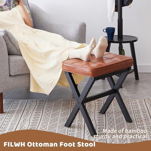 Foot Stool Small Ottoman Foot Rest Padded Foot Stool Desk for Under Office Desk Vanity Stool Bamboo Footstool Sofa Footrest Shoe Stool Small Foot Stools (Black Legs + Reddish Brown) - Image 5