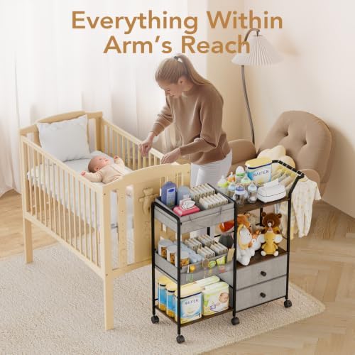 BBLIKE Diaper Caddy Organizer, Baby Storage Cart with Hanging Rack, Gray - Image 3
