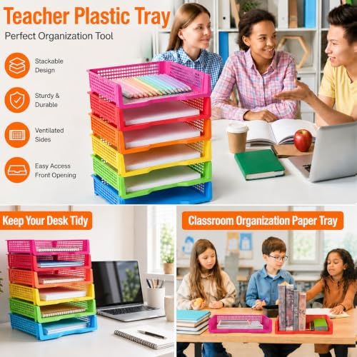 ZZYFGH 6 Pack Turn in Trays Classroom, Colorful Turn in Trays for Teachers, Plastic Classroom Paper Organizers, Stackable Tray for Classroom, Library, Drawers, Office Desk(13.4 * 9.5 * 2.7in) - Image 6