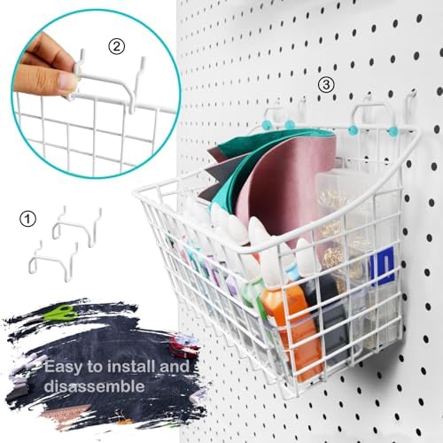 Pegboard Baskets With Hooks, 3 Pack Peg Board Wall Organizer Set (White) - Image 3