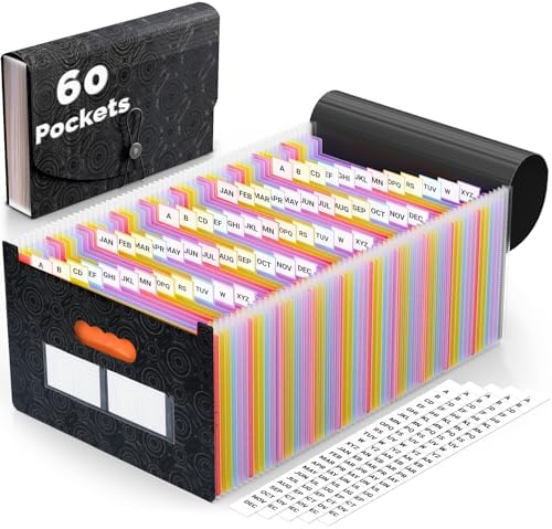 AFMAT Accordion File Organizer, 60 Pockets Expanding File Folder w/Labels, Expandable Letter/A4 Size File Folder for Bill Tax Receipt, Portable File Organizer for Home Office School AF11BK by AFMAT