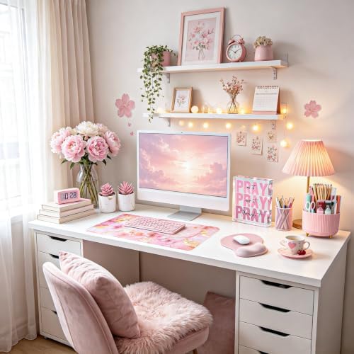 Pink Desk Decor Set of 7, PU Leather Desk Mat Set, Office Decor for Women - Image 6