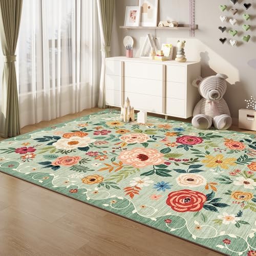 DUKINO 6x9 Area Rugs, Floral Washable Rug for Bedroom Non Slip, Green - Image 3