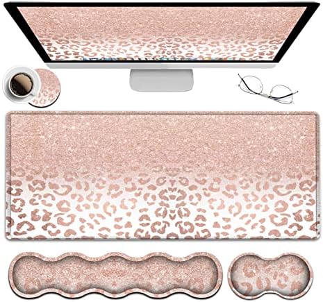 Large Mouse Pad and Gel Mouse Wrist Rest+ Memory Foam Keyboard Wrist Rest Support Set, Non-Slip Rubber Base for Office,Home,Computer, Extended Gaming Mousepads XXL Leopard Star Pattern Pink Desk Mat by JVGFYNKL
