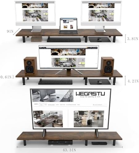 Large Dual Monitor Stand Riser 43.3IN，Vintage Home Office Storage For Desk Accessories，Solid Wod Desk With Adjustable Legs For computer/PC/Laptop/Printer/Container/dressing table - Image 3