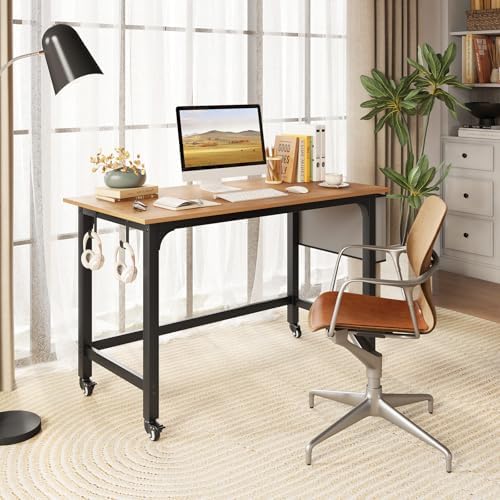 GIANTEX 48" Rolling Computer Desk, Mobile Study Writing Desk with Wheels, Storage Bag & 2 Hanging Hooks, Simple Style Home Office Work Bench, PC Workstation for Study, Bedroom (Natural) - Image 2
