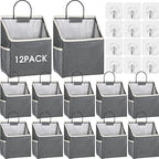 Woanger 12 Pcs Wall Hanging Storage Bag Wall Hanging Organizer Bag Over The Door Closet Basket Containers Bins with Hooks Pockets for Bedroom Bathroom, 15 x 4.3 x 8.7''(Gray) by Woanger
