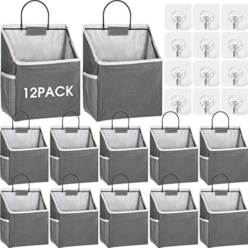 Woanger 12 Pcs Wall Hanging Storage Bag Wall Hanging Organizer Bag Over The Door Closet Basket Containers Bins with Hooks Pockets for Bedroom Bathroom, 15 x 4.3 x 8.7''(Gray) by Woanger