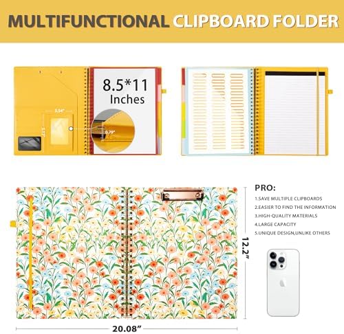 Ospelelf Clipboard with Storage for Men Women, Leather Padfolio Portfolio Organizer 5 Folders with 10 Pockets, Spiral Clipboard Folio with Notepad for Letter Size, Elastic Closure and Pen Loop Floral - Image 3