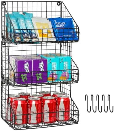 X-cosrack 3-Tier Stackable Detachable Snack Organizer (Large Size), Countertop Display/Wall Mounted Shelf with 5 Hooks Wire Basket Snack Shelf for Office Cabinets, Kitchen, Pantry, 11.8x7.8x22 Inch by X-cosrack