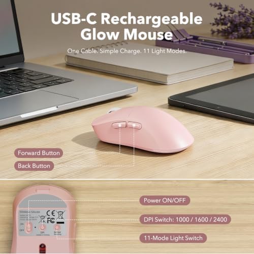Rechargeable Backlit Wireless Keyboard and Mouse Combo, Retro Typewriter Keyboard with Magnetic Wrist Rest, Light Up Letters, 2.4GHz Cordless Connection for Mac, Windows PC, Laptop (Glowing Pink) - Image 6