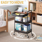 TOOLF 3-Tier Utility Rolling Cart with Wooden Board and Drawer, Metal Storage Cart with Handle, Black Trolley Kitchen Organizer Rolling Desk with Locking Wheels for Office, Classroom, Home, Bedroom - Image 6