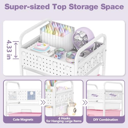 5 Drawer Rolling Storage Cart with Pegboard Top and Hooks, Dreamy Color - Image 4