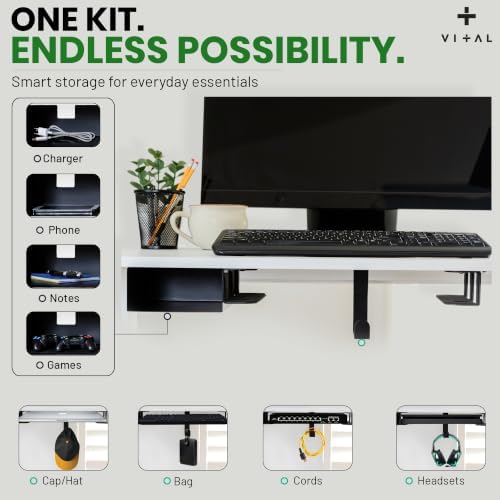 VI+AL Under Desk Laptop Mount - Hidden Metal Shelf with Side Storage, Hook & Cable Organizer - Installs with Tape & Screws - Fits Devices up to 1.7" Thick - Deluxe - Image 4