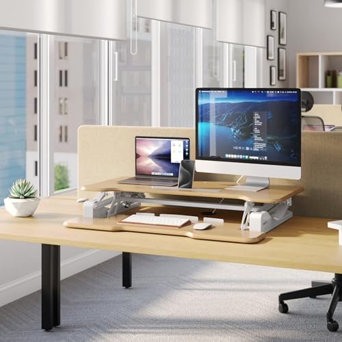 Mount-It! Height Adjustable Standing Desk Converter, 38” Wide, Desk Riser for 2 Monitors, Manual Gas Spring Sit Stand Desktop Raises to 16.9", Fits Two Monitor Screens with Keyboard Mouse Tray Maple - Image 5