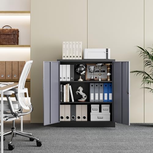Yizosh Metal Garage Storage Cabinet with 2 Doors and 2 Adjustable Shelves - 35.5" Steel Lockable File Cabinet for Home Office,Garage,Gym,School（Gray Black） - Image 2