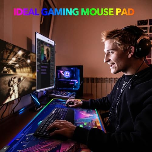 AIMSA RGB Gaming Mouse Pad, Large Mousepad with 14 Led Light Modes, Keyboard Pad Gaming Accessories for Desk, Non-Slip Rubber Base Mouse Mat for Gamer, Modern Urban Night Scene - Image 6
