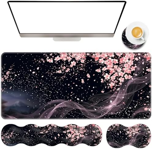 TGFEWYTJYJ Extended Gaming Mouse Pad,Memory Foam Ergonomic Keyboard Mouse Wrist Rest Support Set,Large Desk Mat with Stitched Edges,Non-Slip Base Mousepad Home Office,Cherry Blossom by GFEWYTJYJ