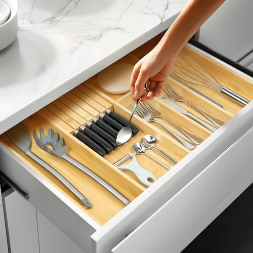 VaeFae Bamboo Silverware Drawer Organizer, 6 Slots, Natural - Image 3